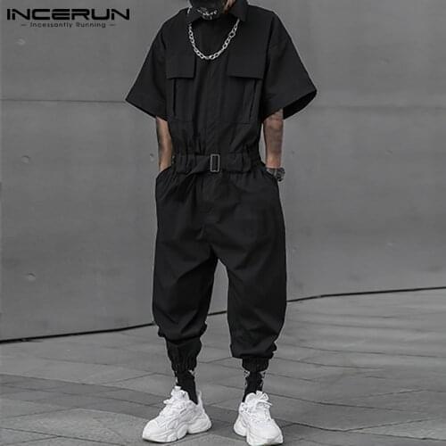 INCERUN Fashion Men Cargo Overalls Solid Color Joggers Streetwear Lapel Casual Rompers Multi-pockets Loose 2021 Men Jumpsuits