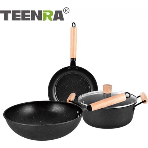 TEENRA 4Pcs Cookware Set Non-stick Steak Frying Pan Thickened Egg Ham Skillet Wok Wooden Handle Soup Pot Kitchen Cooking Tools