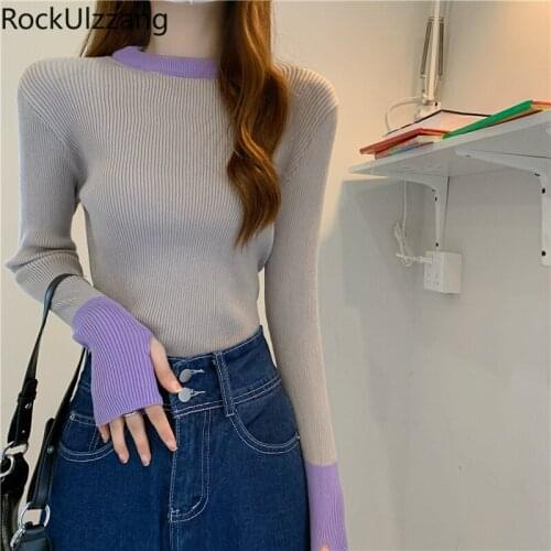 Fall Elastic Stretch Knitted Sweater Women Fashion Bodycon Sexy Patchwork Colorblock Finger Hole Pullover Korean Undershirt Tee