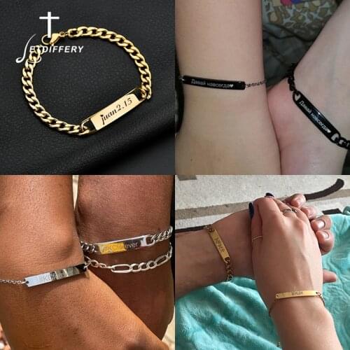 Letdiffery Custom Name Date Couple Bracelet Stainless Steel Personalized Nameplate Link Chain Bangle Anniversary Wedding Gifts