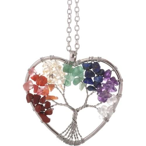Handmake Multi-color 7 Chakra Quartz Natural Stone Heart-shaped Tree Of Life Necklace Women Crystal Necklace Pendant Jewelry