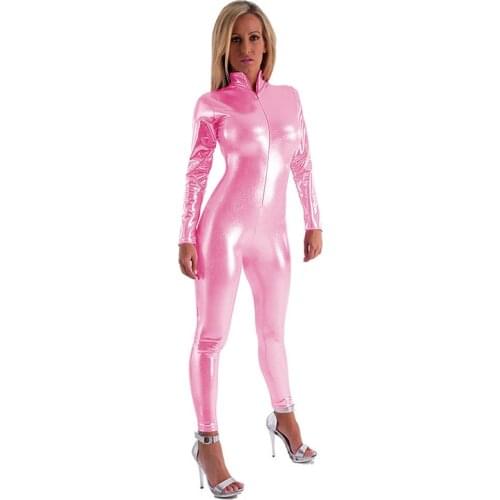 Sexy Shiny Metallic Jumpsuit Women PU Leather Long Sleeve Front Zipper Plus Size S-7XL Catsuit Club Wear Jumpsuits Streetwear