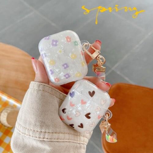 Luxury Pearl Case for Apple Airpods 1 2 Bracelet Chain Case for AirPods Pro Case Bluetooth Earphone Accessories Heart Flower Box