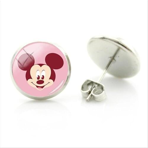 Disney Pink Mickey Minnie Avatar Simple Style Earrings Glass Convex Round Jewelry Mickey Mouse Picture Earrings