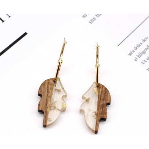 Dayoff Resin Wooden Leaves Hoop Earrings For Womens Jewelry Wood Leaf Alloy Hoops Earrings Gifts For Women Accessories C496
