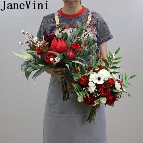 JaneVini Brides Wedding Flower Bouquet Red Emperor Burgundy Peony Artificial Bridesmaids Bouquets Bridal Bouquet Fleur Mariage