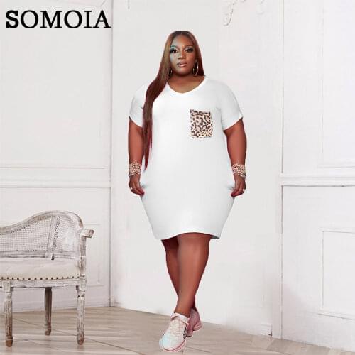 Solid Color Fashion Short Sleeved Dress Sexy V Neck Personality Leopard Print Pockets Plus Size Casual Loose Womens Clothing