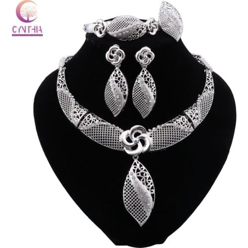 CYNTHIA Bridal Fashion Dubai Silver Color Jewelry Sets Nigerian Woman Wedding African Beads Necklace Earrings Bracelet Ring Set