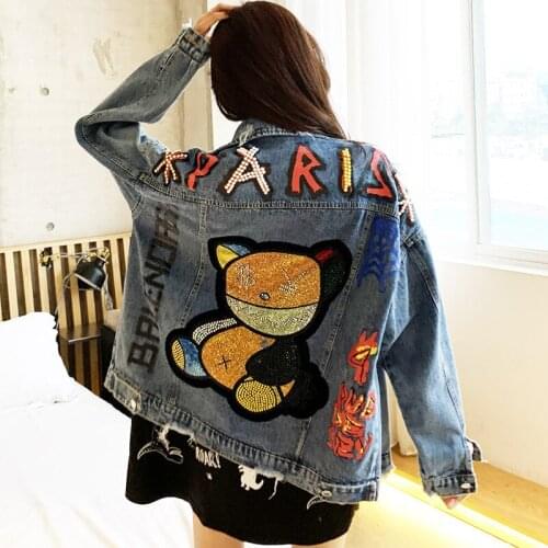 New Blue Wash Casual Loose 2021 Print pearl Long Sleeve Vintage Street Denim Bomber Jacket Female Tops Jeans Coat Women Clothes