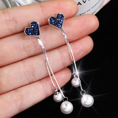 Korean Pearl Blue Crystal Love Heart Tassel Long Drop Earrings for Women Fashion Drop Earring Charm Luxury Jewelry Pendientes