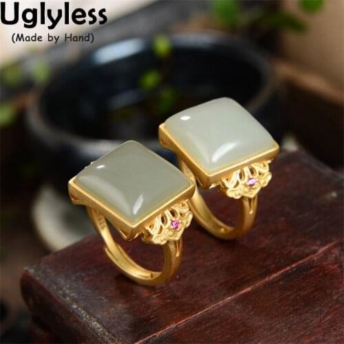 Uglyless Big Buttons Gemstone Rings for Women Minimalist Blank Jade Jewelry Gold Vintage Patterns Hollow Rings Square 925 Silver