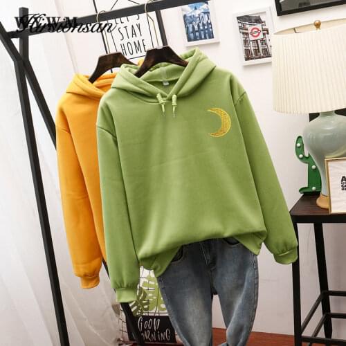 WYWM Moon Print Women Sweatshirts 2021 New Fleece Warm Ladies Harajuku Pullovers Hoodies 6 Color Pocket Hooded Tops for Teens