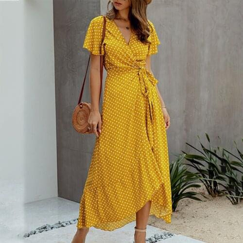 Women Summer Maxi Polka Dot Sexy New V Neck Ruffles Short Sleeve Holiday Long Beach Sundress Ladies Lace Up Wrap Party Dresses