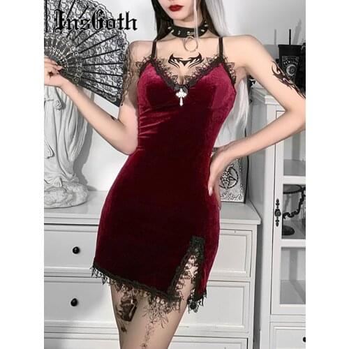 InsGoth Goth Dark Cross Red Mini Dress Vintage Sexy Spaghetti Strap High Waist Slit Dresses Aesthetic Party Club Women Dress