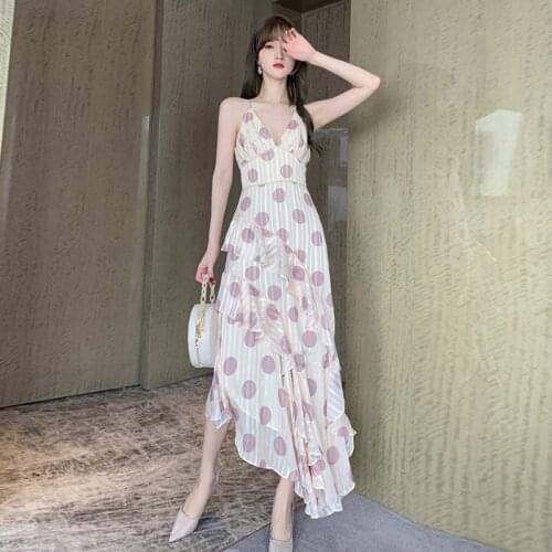 New arrival fashion korean style party dress women elegant summer sexy strap ruffle temperament OL dot asymmetrical long dress