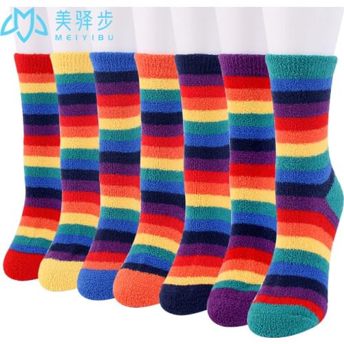 12 Pairs Per Set Winter Coral Velvet Womens Socks Soft Comfortable and Warm Socks with Colorful Stripes Coral Velvet Socks