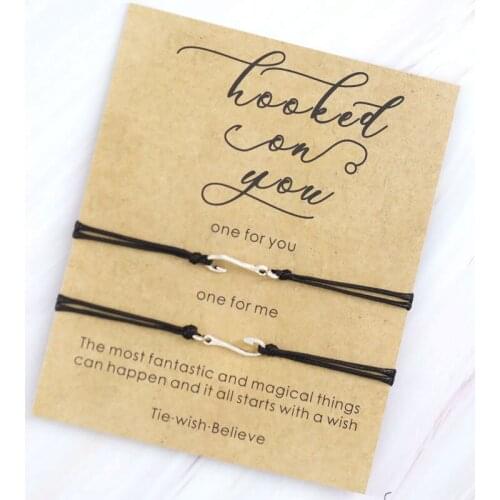 2pcs/set Fishing Hook Charms Adjustable Bracelet Hooked on You Wish Bracelets Couple Friendship Bracelet for Women Men Gifts