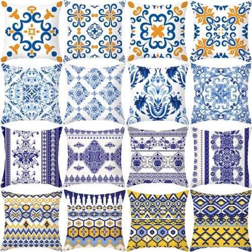 45x45cm Peach Skin Polyester Pillowcase Blue and White Porcelain Pattern Cushion Cover Classic Chinese Home Sofa Car Decoration