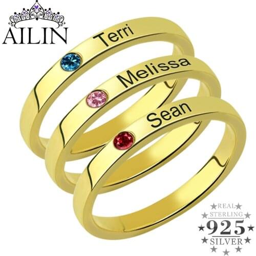 AILIN 3Pcs/Set 925 Sterling Silver Women Ring 18K Gold Plated Custom Name GemStone Rings Mother Gifts Personalized Jewelry 2020