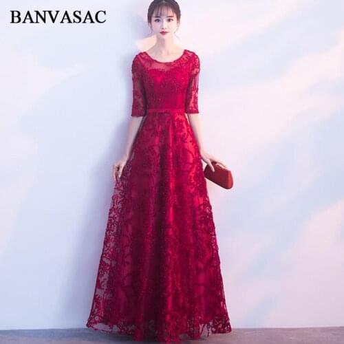 BANVASAC 2018 Lace Illusion O Neck Bow Sash Long Evening Dresses Party A Line Appliques Half Sleeve Prom Gowns