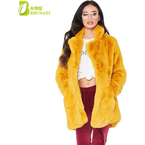 BHUNATI 2019 Long Womens Faux Fur Coat Solid Loose Soft Rabbit Fur Coat Hot Sale Casual Coat for Female 7 Color to Choose