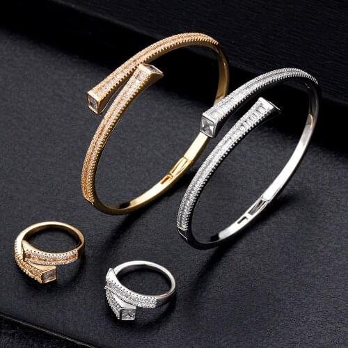 BrideTalk luxury 2PCS Bangle Ring Set Jewelry Sets For Women Wedding Cubic Zircon Crystal CZ Dubai Bridal Jewelry Set
