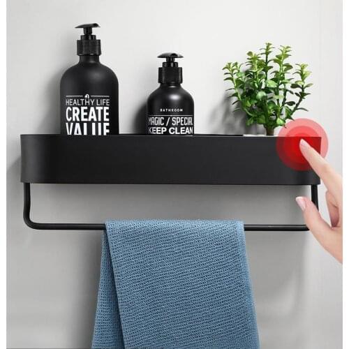 30-50CM Black Bathroom Shelf Kitchen Wall Shelves Shower Basket Storage Rack Towel Bar Robe Hooks Bathroom Accessories
