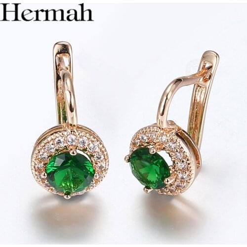 Women Girls 585 Rose Gold Earrings Green Rhinestone Clear Cubic Zircon Round Shaped Fashion Female Jewelry HGE278