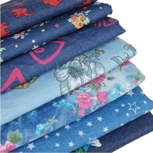 Soft Printed Flowers Washed Denim Jeans Fabric Sewing Dress Coat Clothing Fabric 100% Cotton Fabric 240g/ M 140 *100cm