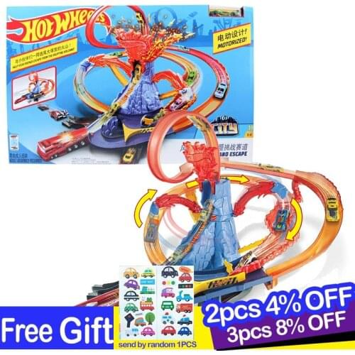 Hot Wheels New City Electric Car Tracks Volcano Escape Theme Raceway Challenge Toy for Children Boys Track Set Oyuncak Motorized