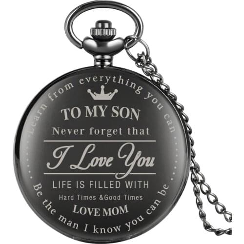 Engraved To My Son I Love You Pattern Pocket Watches for Son Best Gift for Kids Boy Black Fob Quartz Watch Necklace Chain Presen
