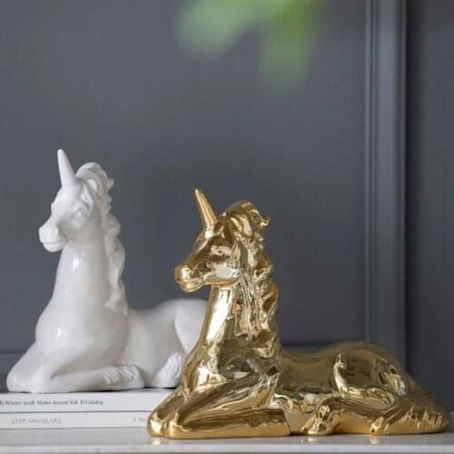 Powkhome Flora and Fauna ceramic Unicorn Figurine Horn Animal Statue Pottery Home Decor Gold White Porcelain Gifts Table Decor