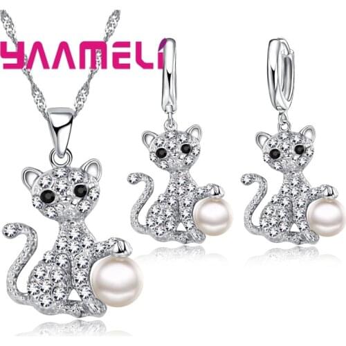 Fine Luxury CZ Stone Cat Design Pendant Necklace Earrings Party Gifts 925 Sterling Silver Austrian Crystal Jewelry Sets
