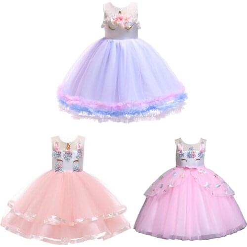 Princess Girls Unicorn Costume Lace Mesh Flowers Unicorn Dress up For Children Christmas Wedding Party Tutu Dresses 2-8 Years