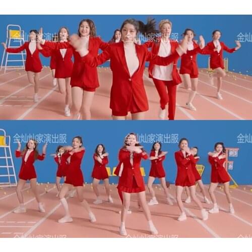 Kpop Korea Girl Group Jazz Dance Red Long Sleeve Blazers Lace Pullover Shirts Tops + Sexy Slim High Waist Mini Skirts Women Sets