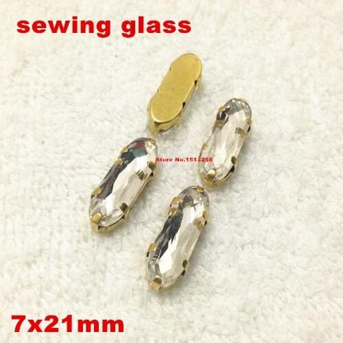 Crystal clear Color 15pcs 7x21mm Sew On Long Classical Oval Fancy Stone With Gold Claw Setting For wedding Dress,clothing making