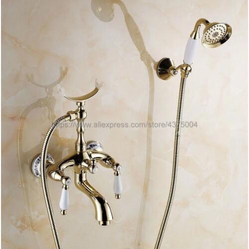 Gold Color Brass Bathtub Faucets Hand Rain Shower Head Tap Luxury Ceramic Telephone Wall Bath Faucet Ntf415