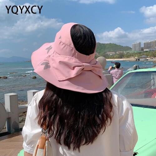 YQYXCY Summer Hats For Women Cotton Butterfly Print Empty Top Big Bow Sun Hat Female Beach Cap Uv Protection Floppy Foldable New