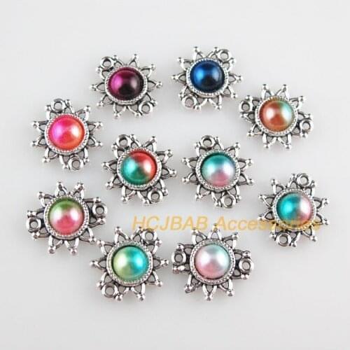 Fashion 30Pcs New Sun Charms Tibetan Silver Tone Retro Mixed Colored Acrylic Flower Connectors 14x14.5mm