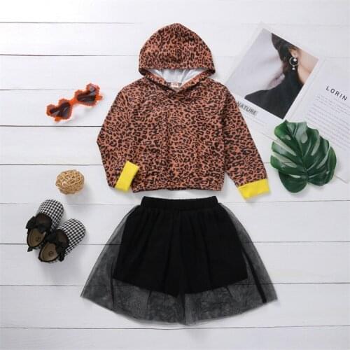 Fashion Girls Summer Clothes Sets 2pcs Leopard Print Hooded Long Sleeves T Shirts Tops Mesh Shorts Skirt 1-6Y
