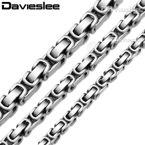 Davieslee Mens Necklace Chains Black Gold Silver Color Byzantine Box Link Stainless Steel Chain Neckalace for Men 5/6/8mm LKNM17