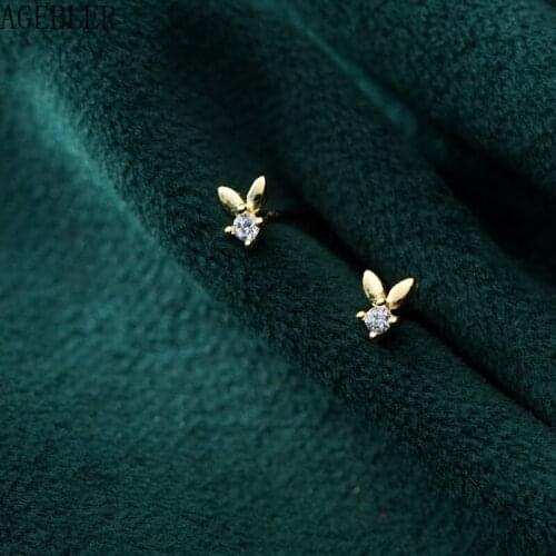 New Lovely S925 Sterling Silver Bunny Stud Earrings Girl Gift Rabbit Brinco Zircon Cute Mini Women Jewelry Gold Color