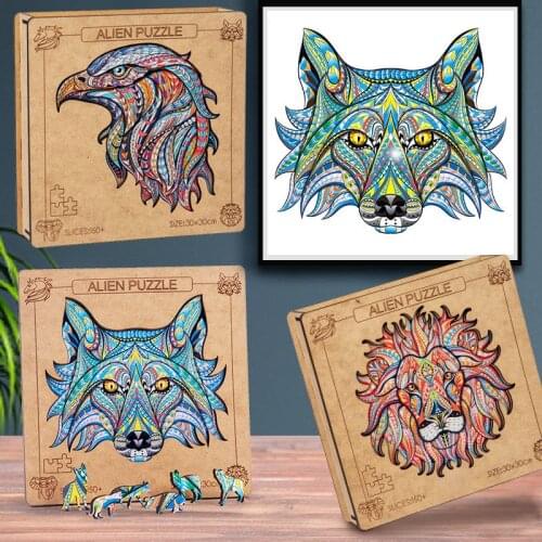 New Wooden Toys Jigsaw Puzzle Wolf Lion DIY Wood Crafts Creative Animal Alien Puzzle Educational Toys for Adults Children Gifts