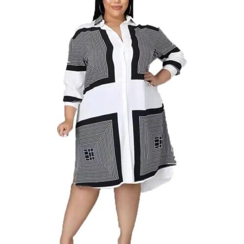 Plus Size Women Shirt Dress Turn Down Collar Loose Straight Skirt Long Sleeve Outfit Casual High Street Wear Fashion Clothing