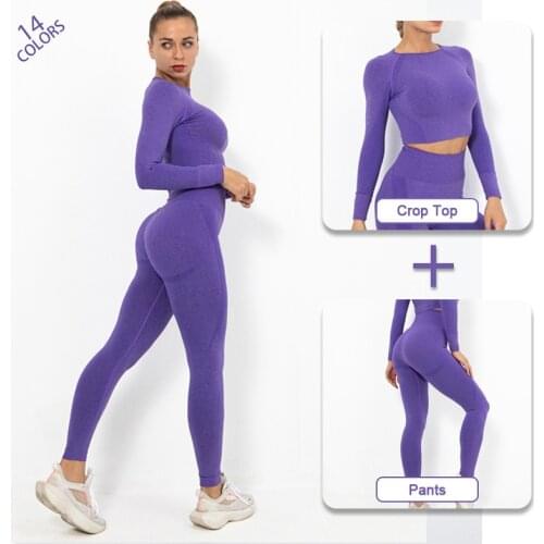 Striped Seamless Yoga Set Sport Outfit For Woman Gym Clothing Long Sleeve Crop Top High Waist Leggings 2Pcs Fitness Sports Wear