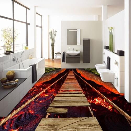 Custom Floor Wallpaper Waterproof Volcanic Lava Rope Bridge Stereoscopic Floor Decoration Mural Sticker Wallpaper For Walls 3D