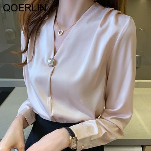QOERLIN Pink Blouse Plus Korean V-neck Fashion Long Sleeve Shirt Female Spring New Beading Button Cuff Loose OL Shirt Tops Women