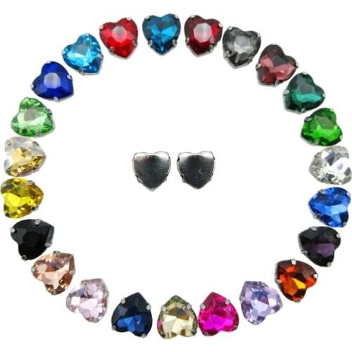 Mix color Glitter glass Crystal strass Silver claw setting heart shape Sew on rhinestones beads garments bags diy accessories