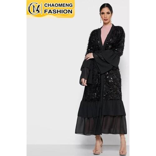 Luxury Sequins Tassel Muslim Abaya Maxi Dress Flare Sleeves Long Robe Gowns Kimono Jubah Arabic Dubai Islamic Woman Clothing
