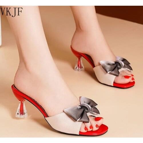 2021 New Silk Bowknot Muller High Heels Slippers Sandals Strap Sandals Party Ladies Slippers